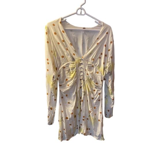 Free People Dresses & Skirts - Free People Floral Dot Bohemian Ruched Button Up V Neck Long Sleeve Mini Dress M